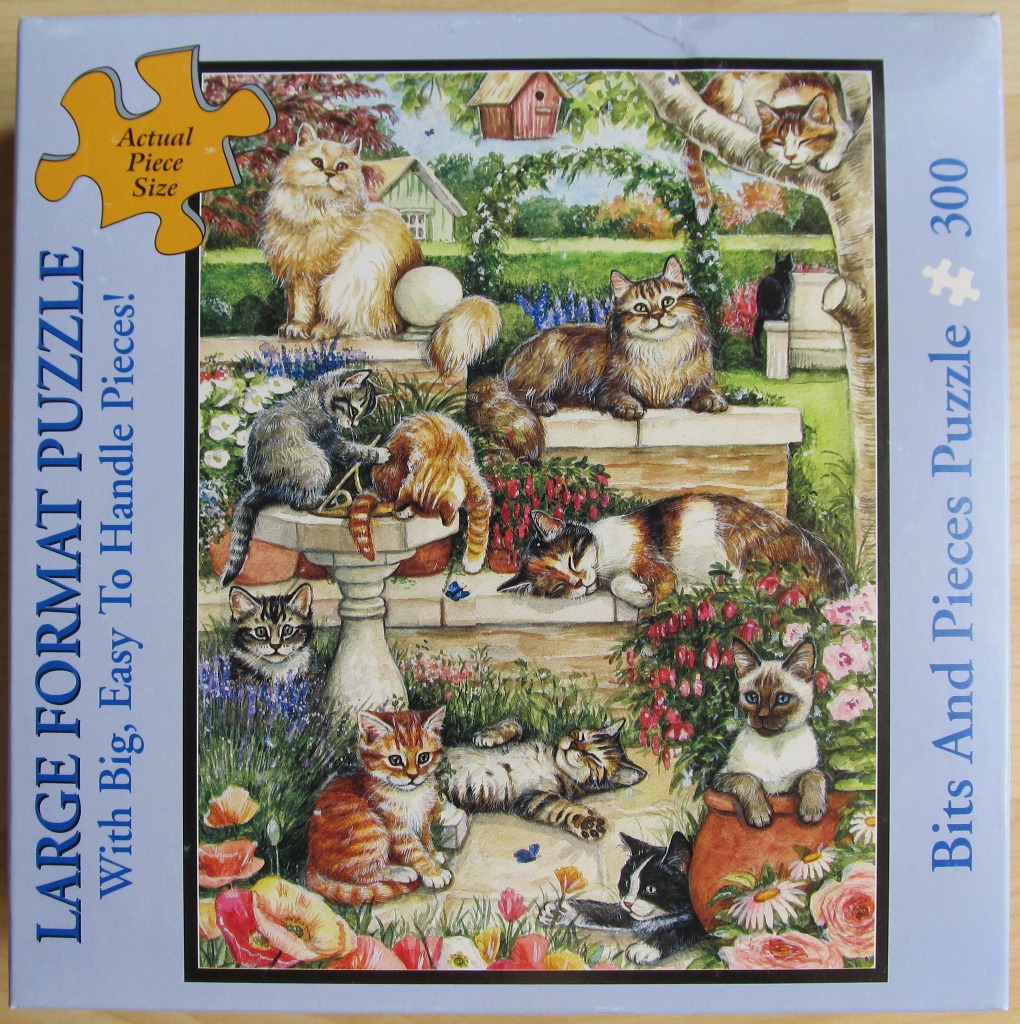 An illustration of ten cats resting in a lush, sunny flower garden.