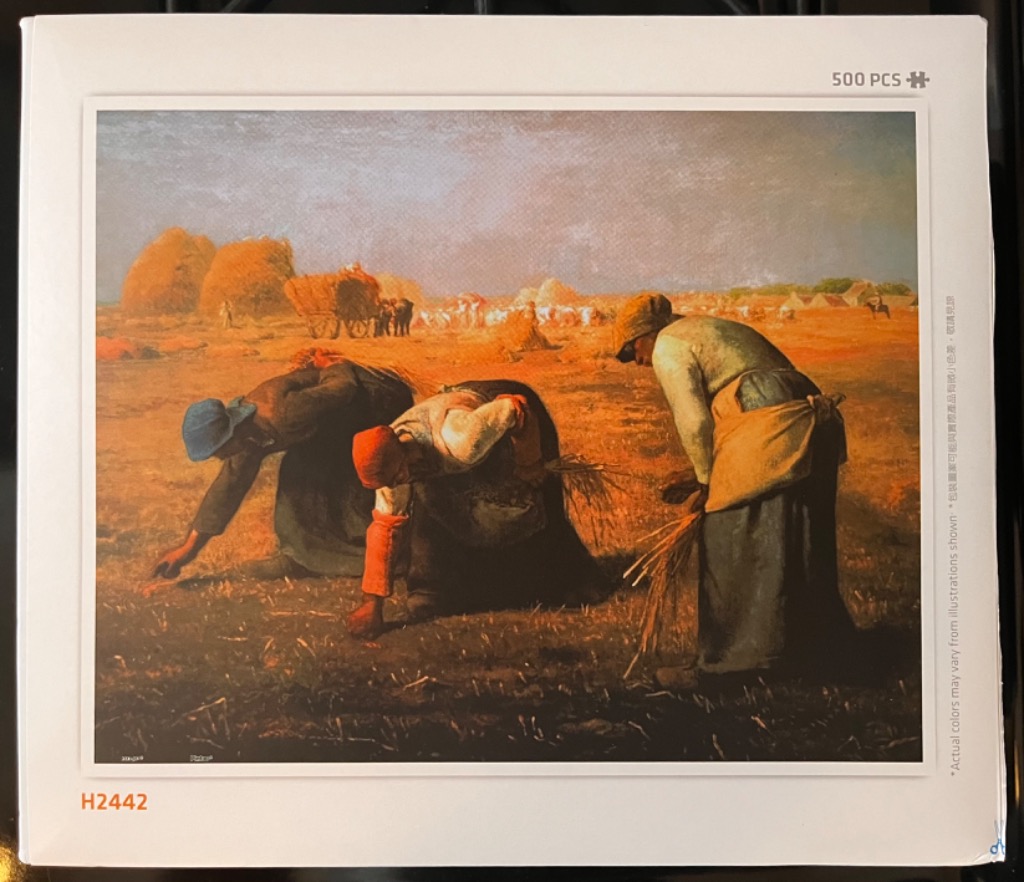 The Gleaners by Jean-François Millet, showing three peasant women gathering wheat in a golden field.