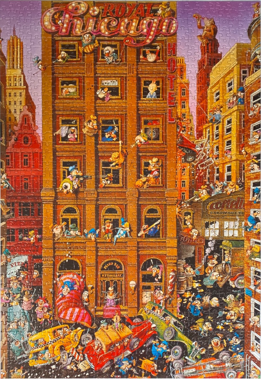 Cartoon illustration of the busy Royal Chicago Hotel with many characters, cars, and architectural details.