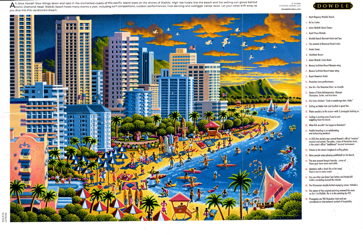 A vibrant, stylized illustration of Waikiki beach with high-rise hotels, a busy shoreline, and Diamond Head in the distance.