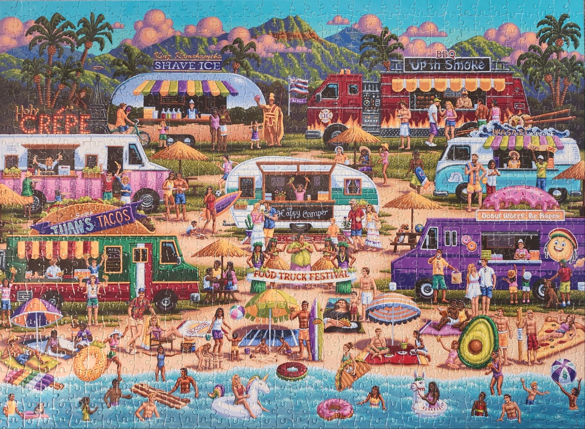 An illustration of a bustling food truck festival on a tropical beach at sunset.