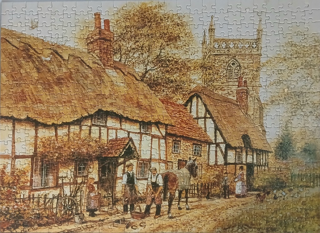 A nostalgic painting of a blacksmith shoeing a horse in front of traditional English timber-framed cottages and a church.