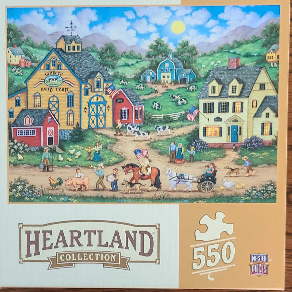 Folk art illustration of a small-town dairy farm with people holding American flags and a horse-drawn carriage.