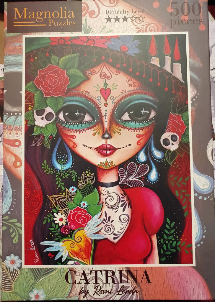 Stylized portrait of La Catrina with large expressive eyes, floral decorations, and intricate face paint.