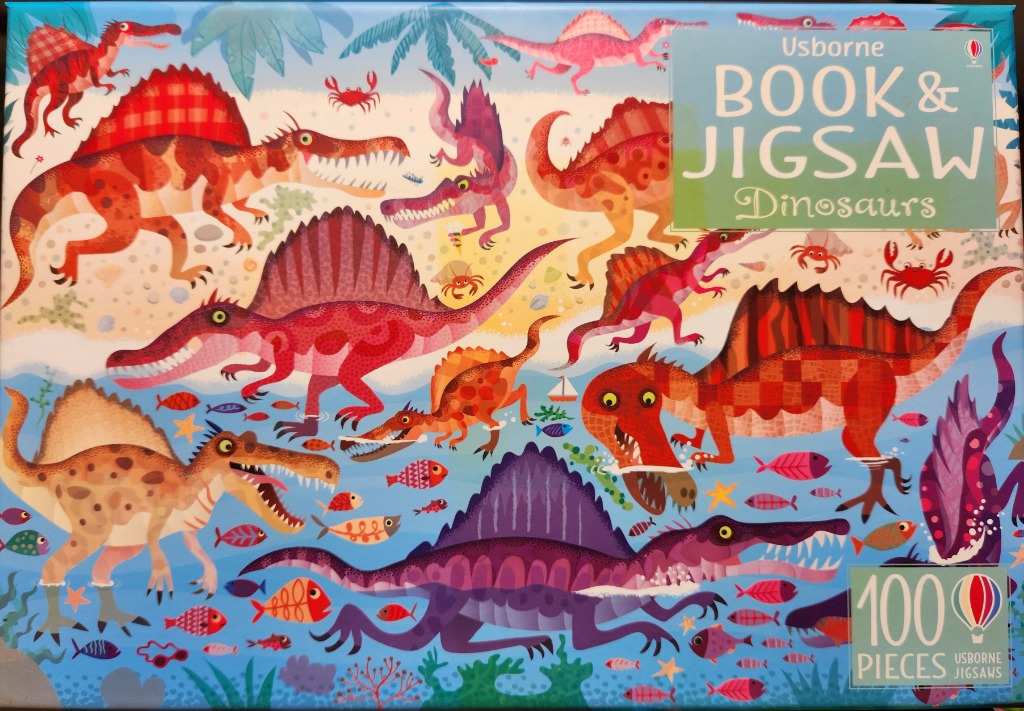 A cartoon illustration of numerous colorful Spinosaurus dinosaurs on land and in the sea.
