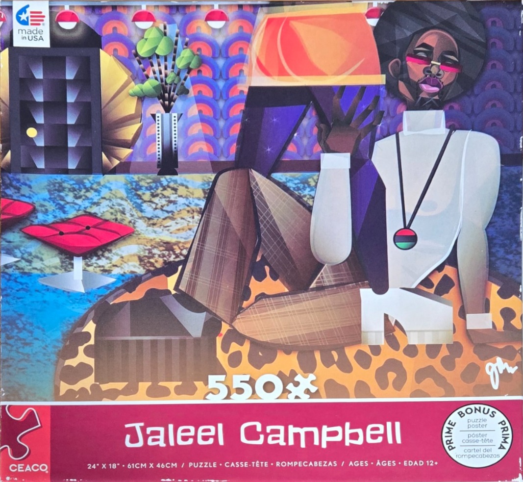 Stylized digital illustration of a Black man with an afro sitting in a retro, geometric room with leopard print accents.