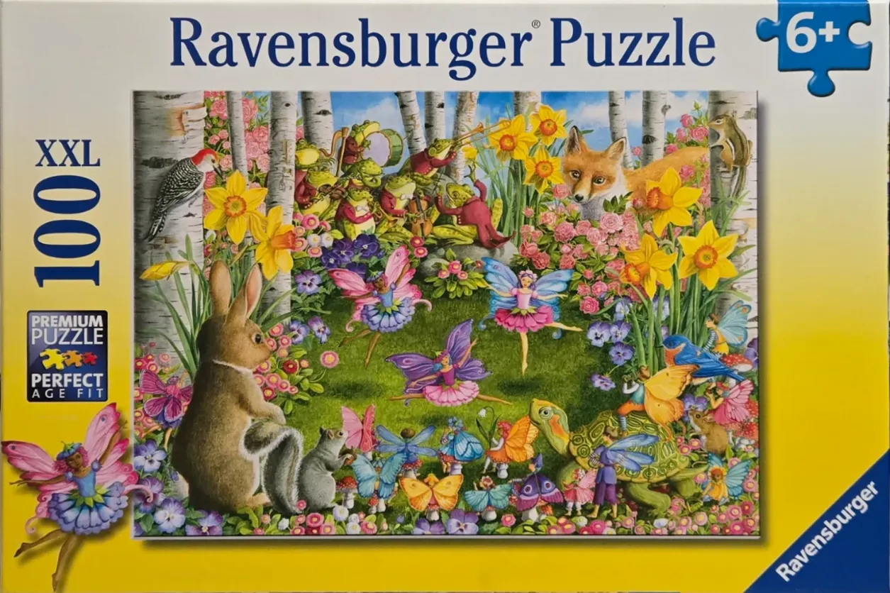 Whimsical illustration of forest fairies, animals, and musicians in a spring garden with daffodils.