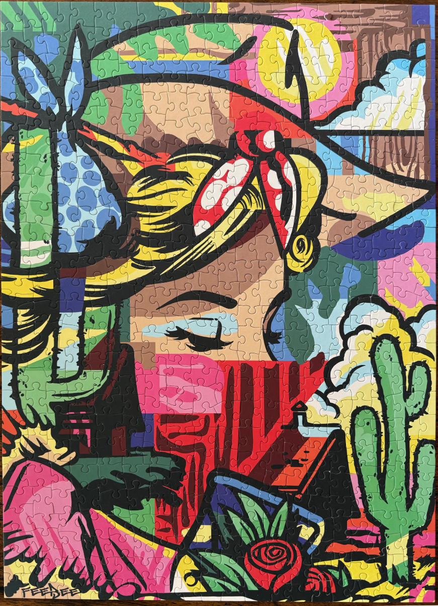 Pop art illustration of a woman in a headscarf with desert elements and a cactus.