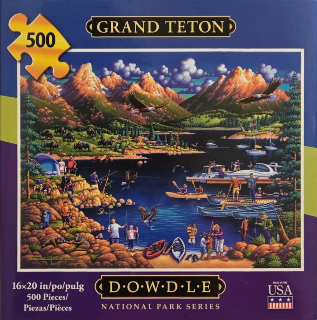 Stylized folk art painting of Grand Teton National Park featuring mountains, a lake with boats, and outdoor recreation.