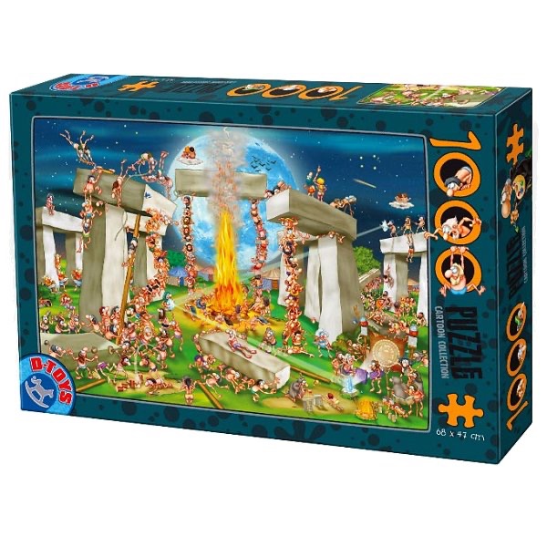 Cartoon illustration of prehistoric people gathered around a bonfire at Stonehenge under a large full moon.