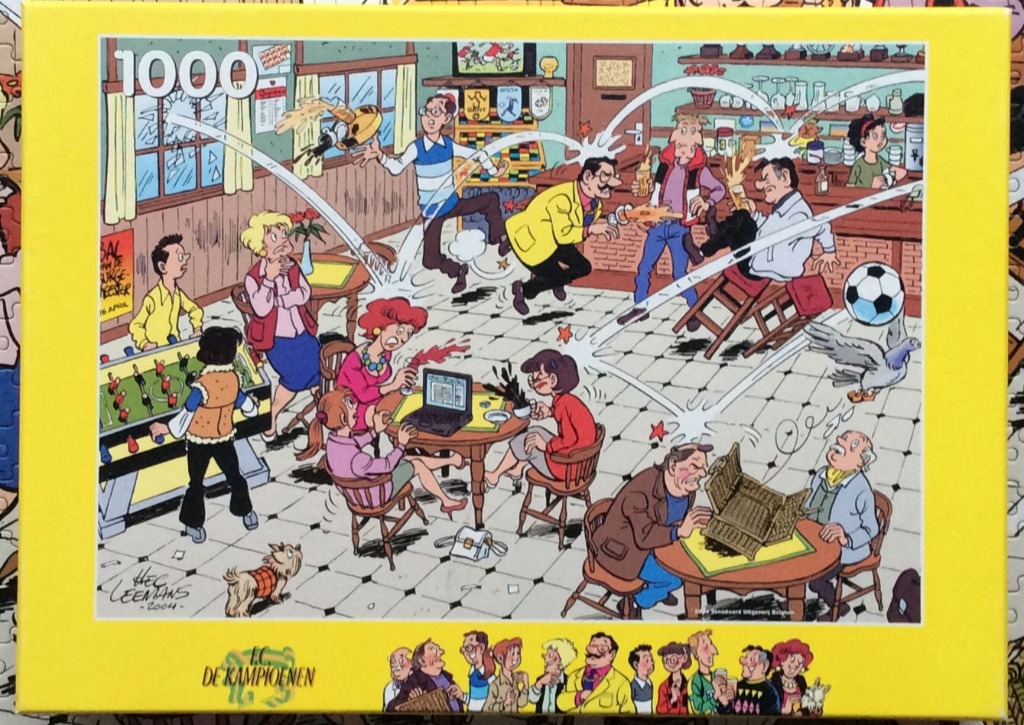 A chaotic cartoon scene inside a pub featuring comic book characters, flying liquid, and a football.
