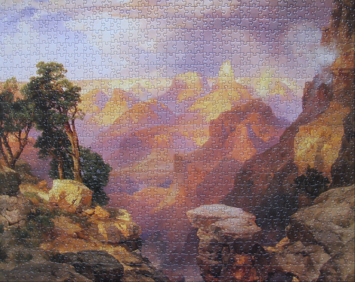 A panoramic oil painting of a sunlit canyon with craggy rock formations and dark green pine trees in the foreground.