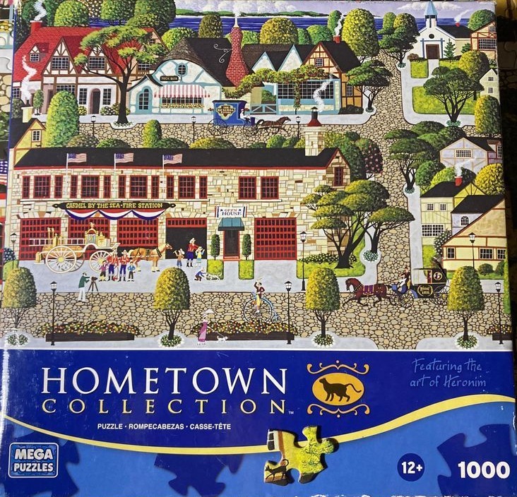 Folk art painting of a charming village street featuring a fire station and horse-drawn carriages.