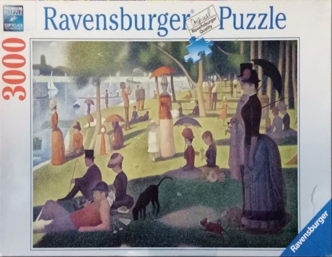 A neo-impressionist painting of people relaxing on a grassy riverbank, in the style of Seurat's Sunday Afternoon.
