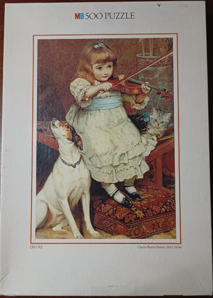 A young girl playing the violin for a dog and a kitten, in a vintage oil painting style.