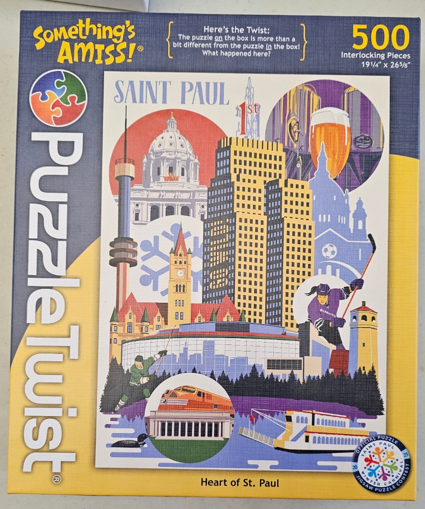 A digital illustration of Saint Paul landmarks, including the capitol dome, a hockey player, a train, and a riverboat.