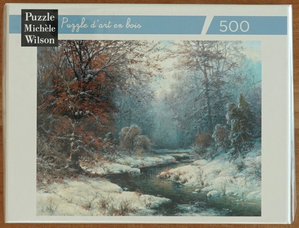 An oil painting of a snow-covered stream running through a dense, wintry forest with bare and frost-covered trees.