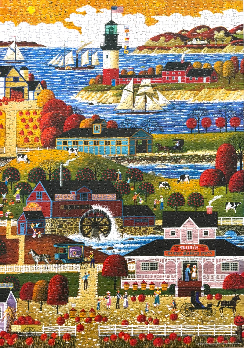 Folk art scene of a coastal farm, lighthouse, and bakery in autumn.
