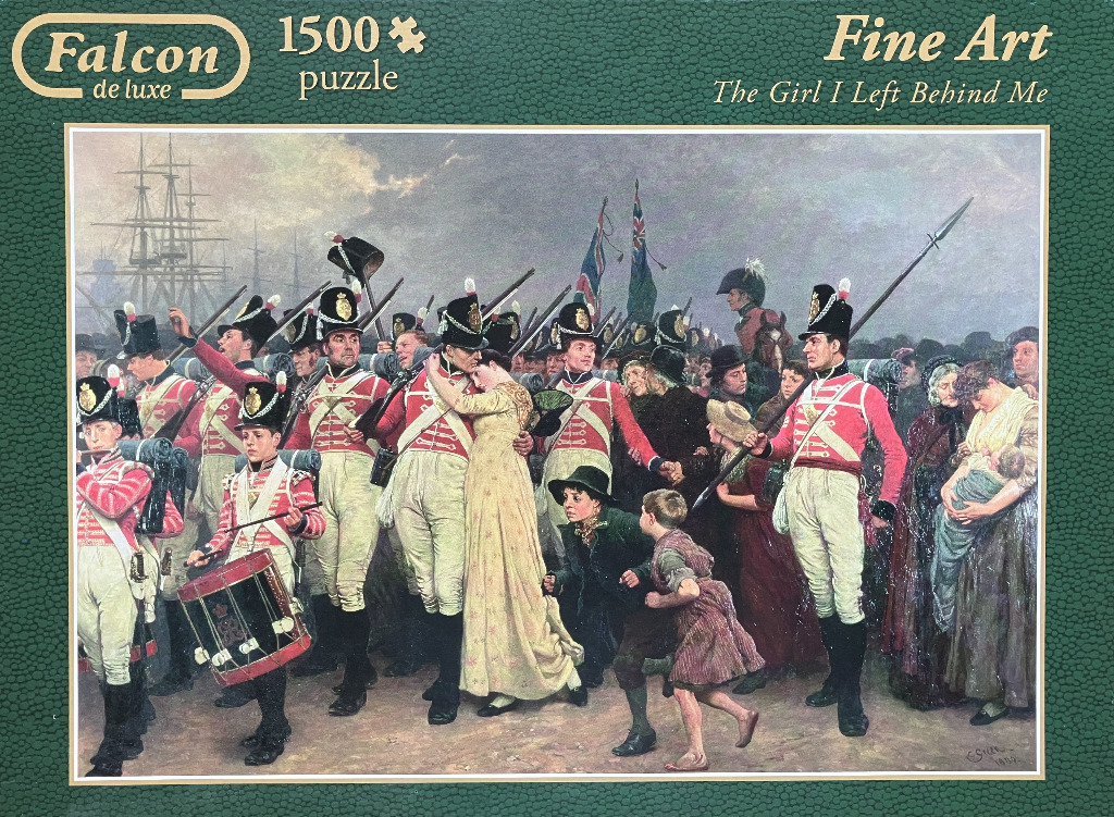 A 19th-century oil painting depicting British soldiers in red coats parting from their loved ones before embarkation.