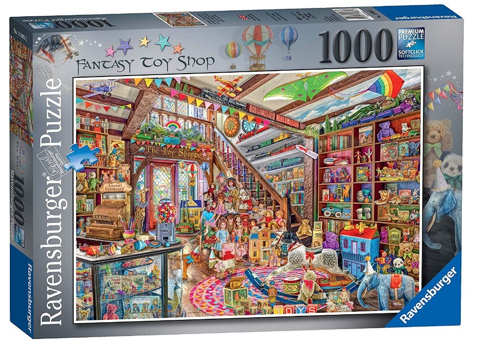 Illustration of a multi-level fantasy toy shop interior filled with dolls, trains, and plush animals.