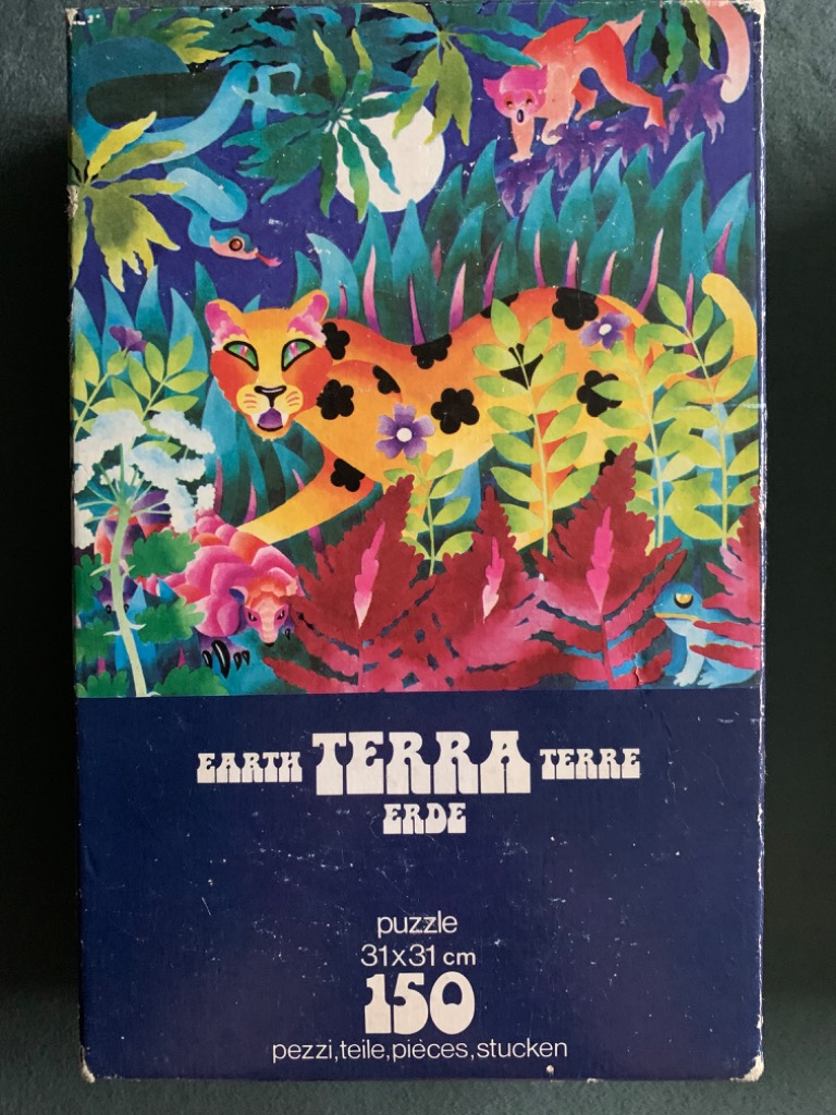 Vibrant, stylized illustration of a jungle scene featuring a leopard, a lemur, and exotic plants against a dark background.