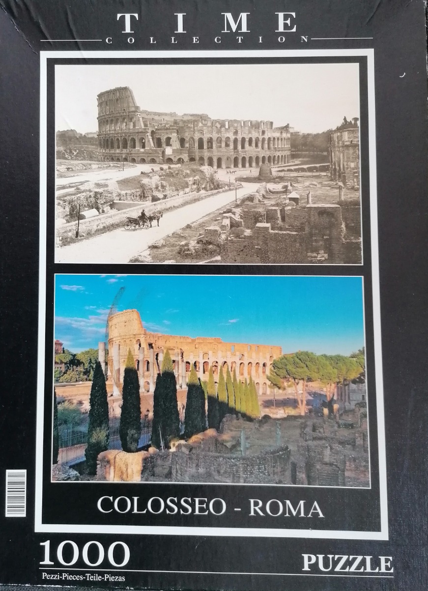 Two side-by-side images of the Colosseum in Rome, one historical black-and-white photo and one modern colour photo.