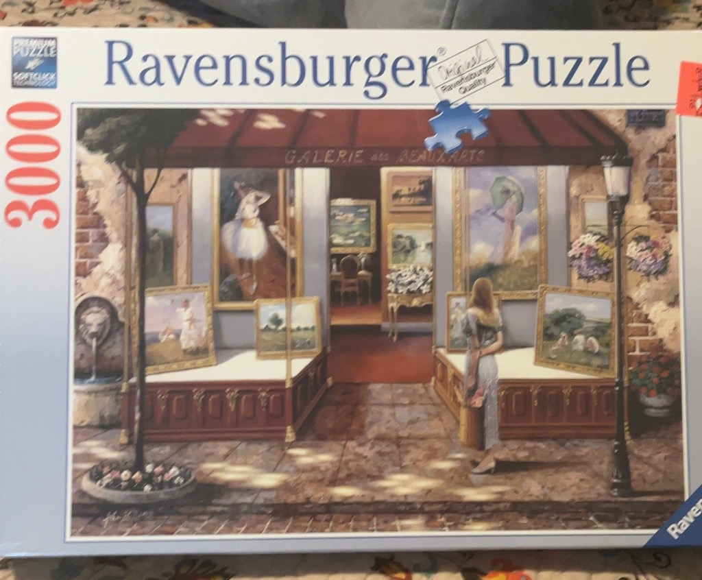 Painting of a woman looking at art in a gallery shop window on a cobblestone street.