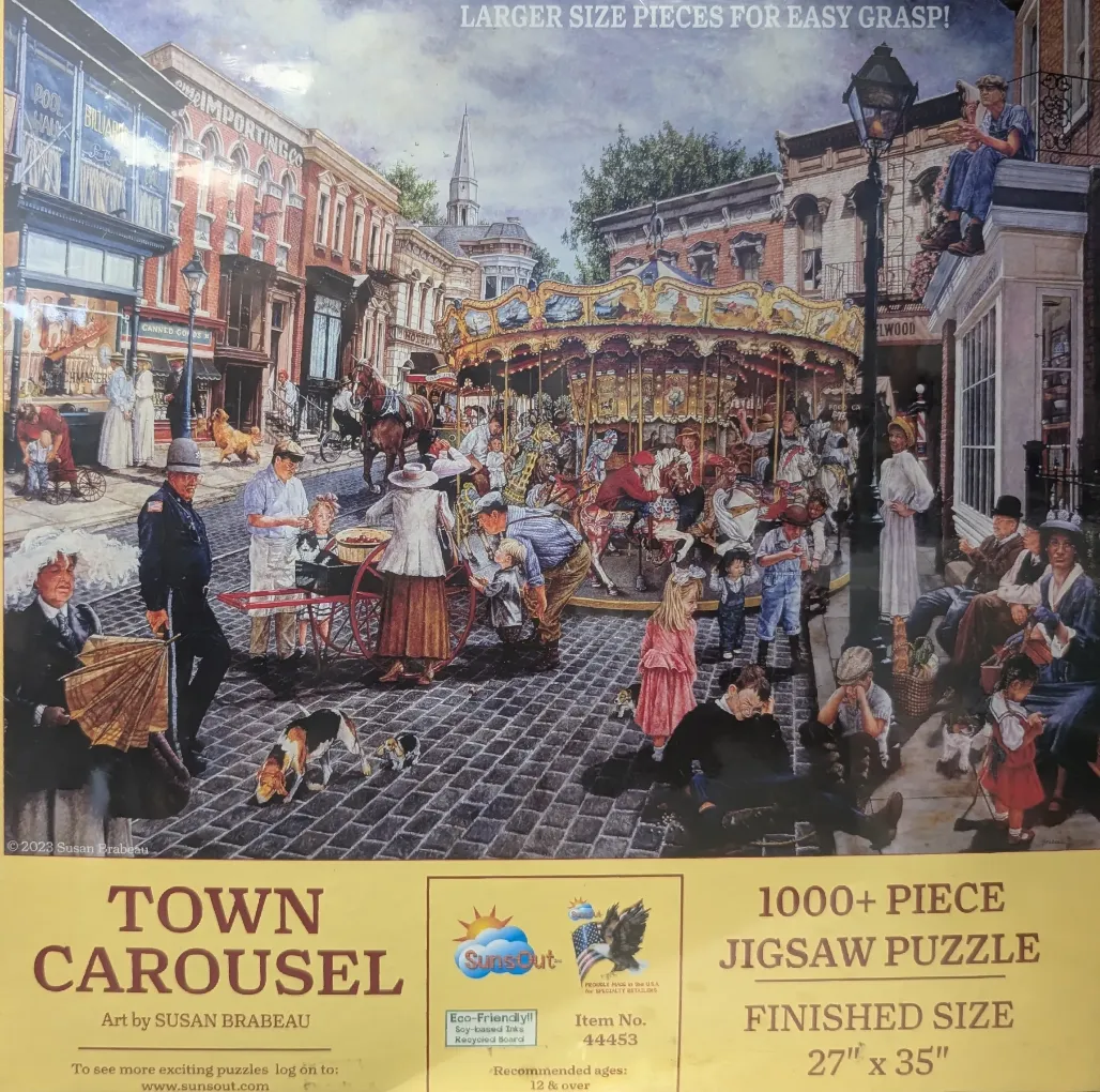 A detailed illustration of a vintage town square with a carousel surrounded by people in early 20th-century clothing.