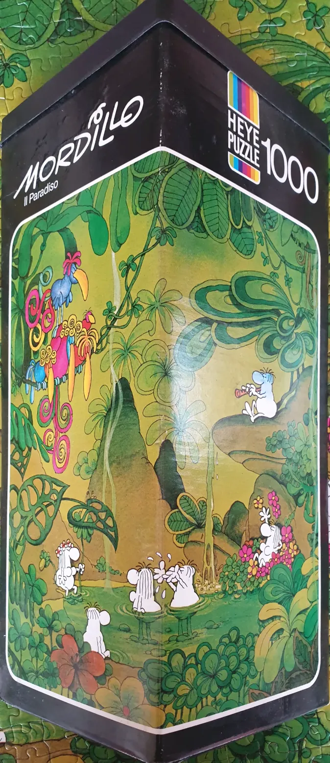 Cartoon illustration of whimsical creatures in a lush jungle setting by Mordillo.