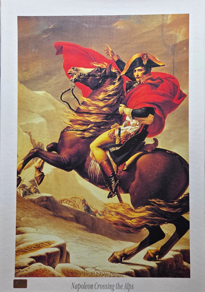 Neoclassical oil painting of Napoleon Bonaparte on a rearing horse crossing the Alps