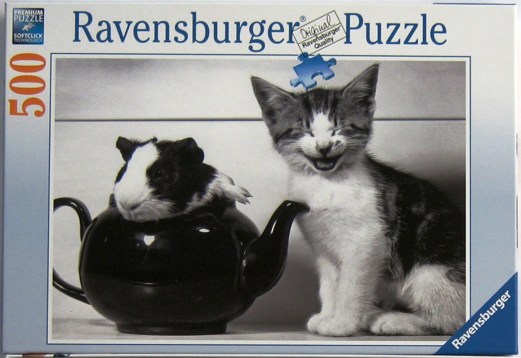 A black and white photograph of a guinea pig inside a teapot next to a laughing kitten.