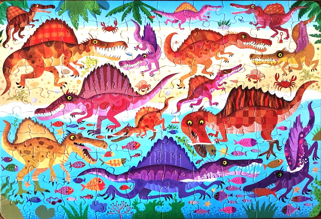 Colorful illustration of many Spinosaurus dinosaurs on a beach and in the water.