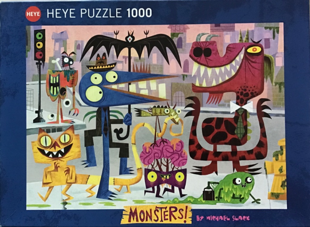 A whimsical illustration of various cartoon monsters in a city street scene.