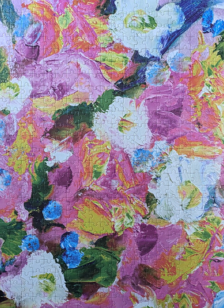 Abstract painting with thick, expressive impasto brushstrokes in shades of pink, yellow, white, and green.