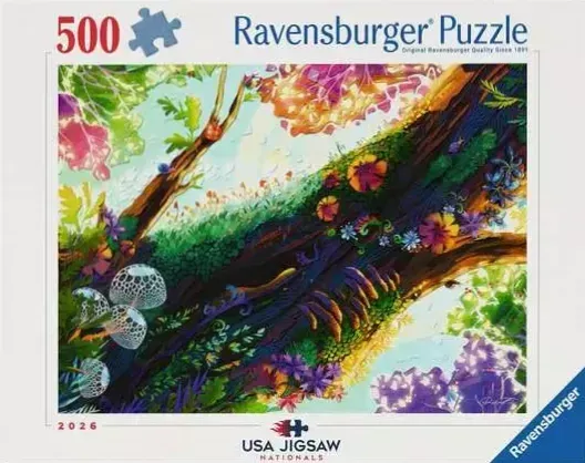 Impressionistic forest scene featuring a large tree trunk covered in colorful mushrooms and foliage.