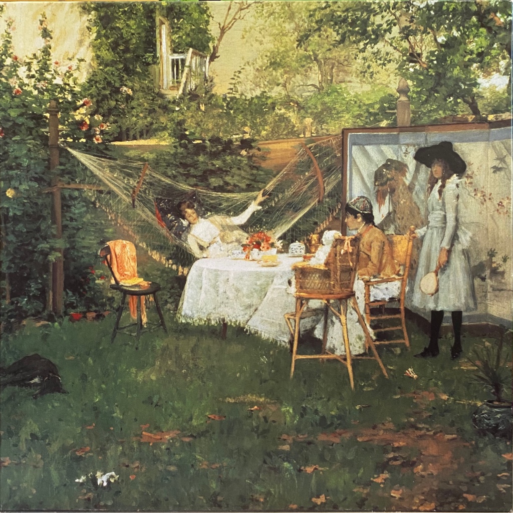 An oil painting depicts three women relaxing in a sunlit garden with a hammock, dining table, and privacy screen.