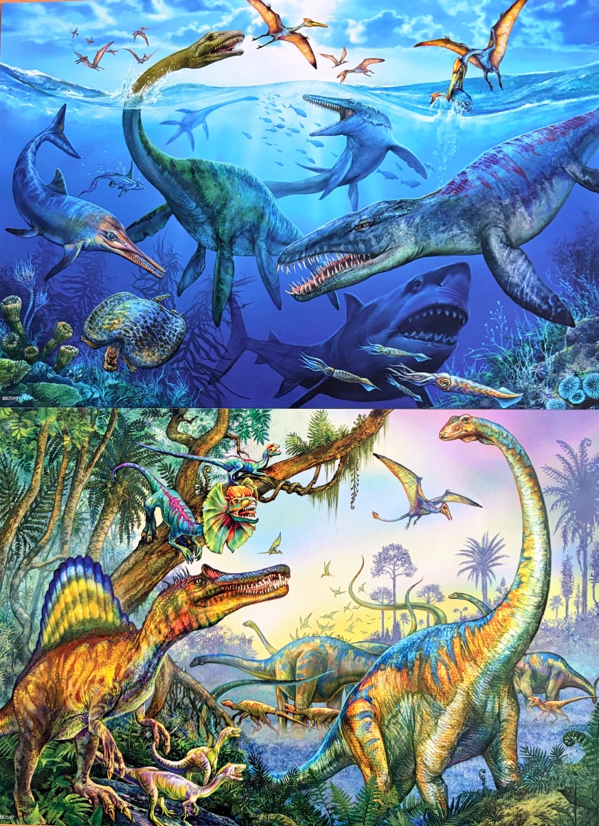 A composite illustration of prehistoric life featuring diverse marine reptiles underwater and terrestrial dinosaurs in a fore