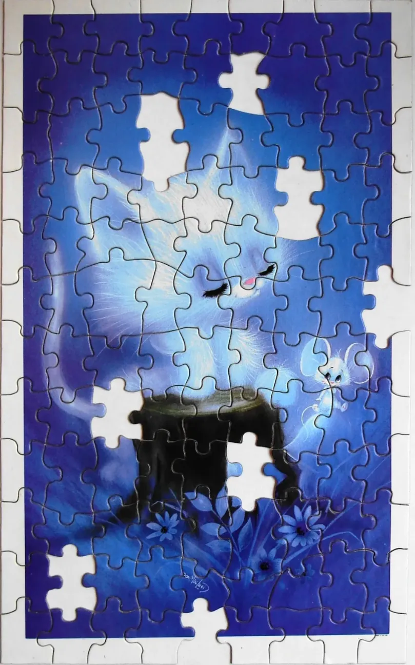 A stylized, whimsical illustration of a glowing blue cat emerging from a magician's top hat.