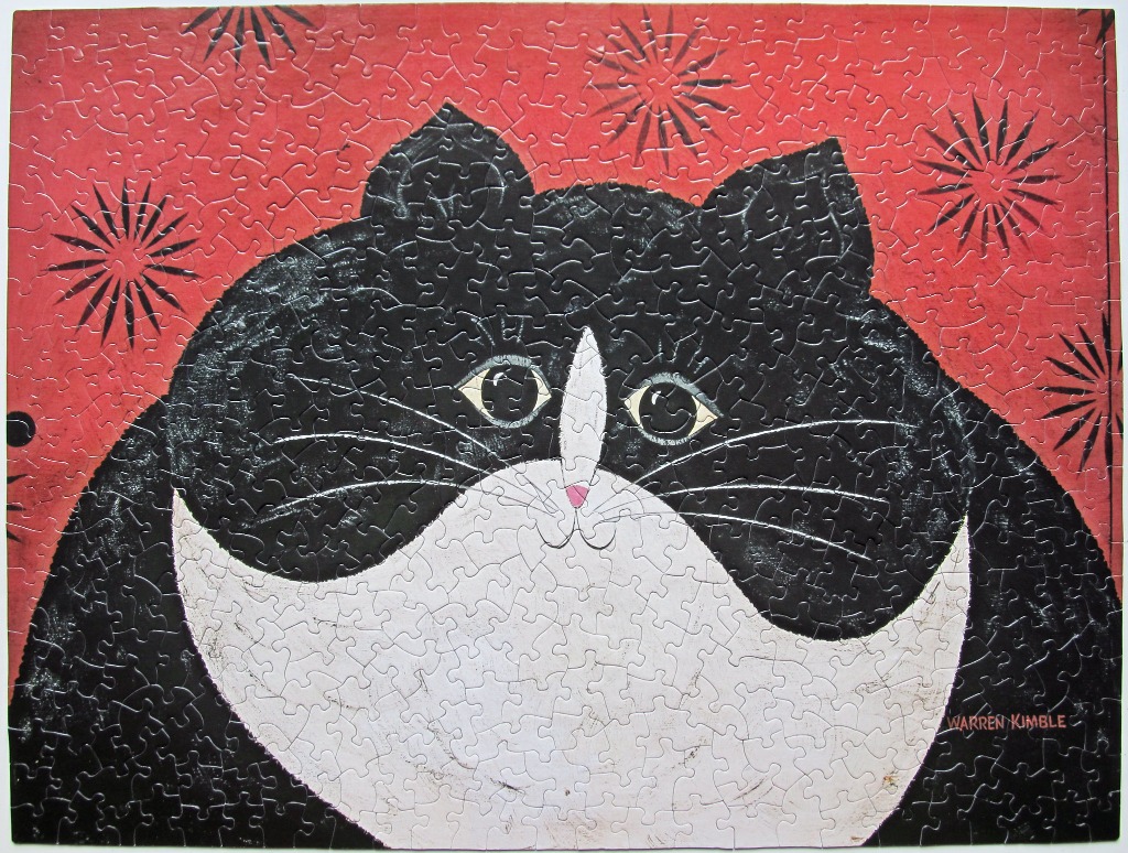 Folk art illustration of a round black and white cat against a red background with starburst patterns.