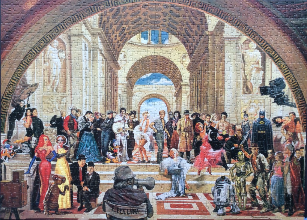 An illustration of a large crowd of famous movie characters gathered in a classical Roman-style hall.
