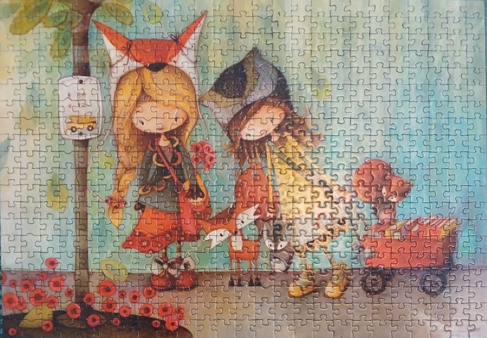 Whimsical illustration of two young girls in animal-themed hats with a small fox and a wagon.