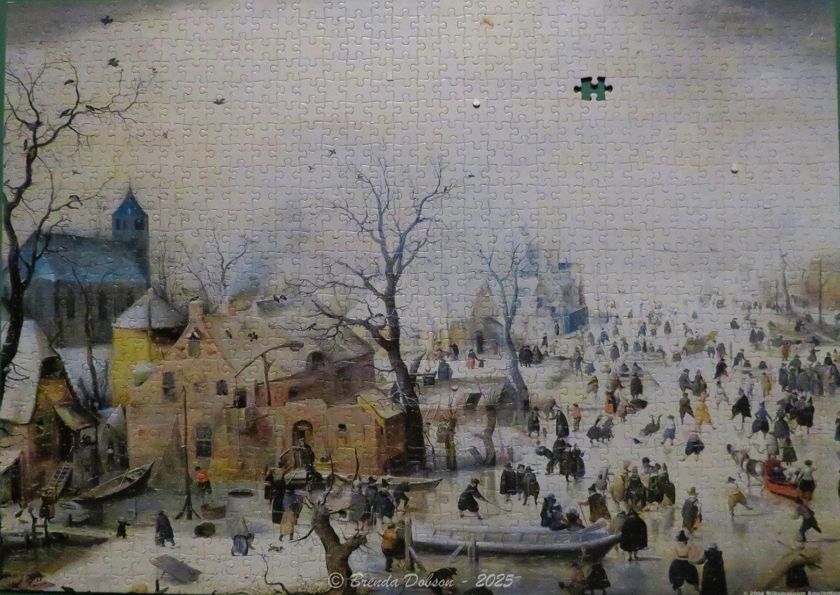 A wintry 17th-century village scene featuring a crowded frozen canal with skaters and buildings under a grey sky.