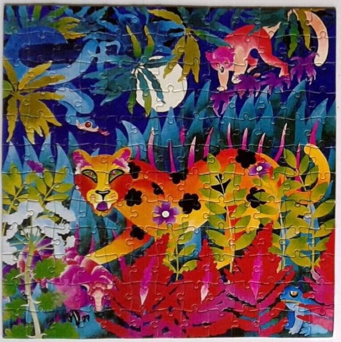 A colourful, stylized illustration of a jungle scene featuring a leopard, a monkey, and a blue snake under a full moon.
