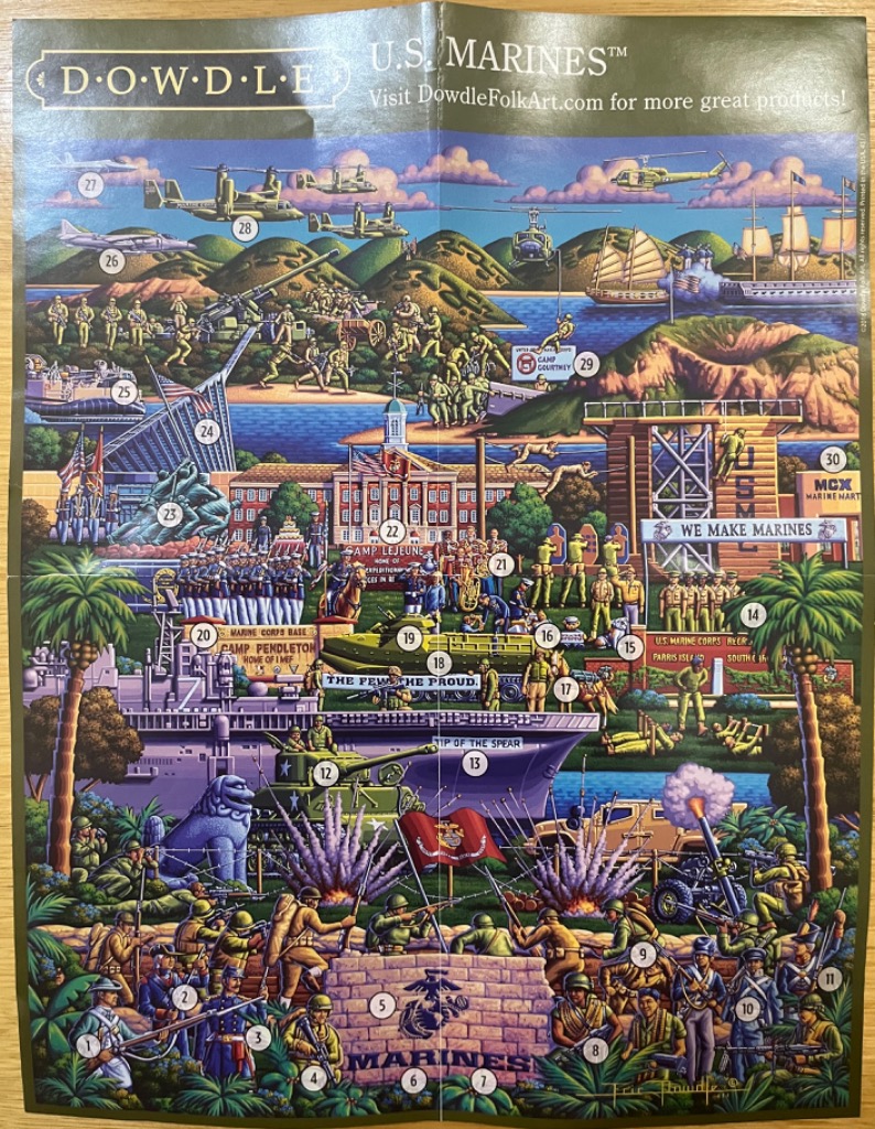 An illustrated montage featuring U.S. Marine Corps history and activities, depicted in a folk art style.