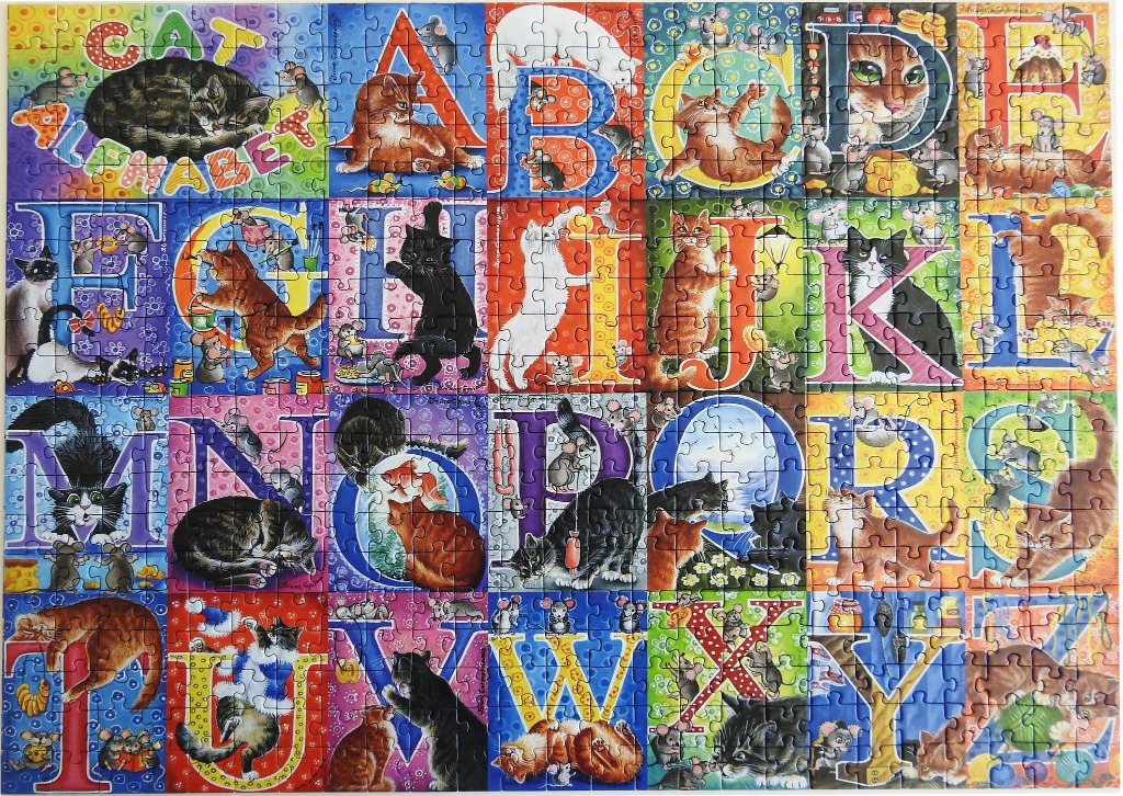 An alphabet-themed cat illustration featuring a variety of feline characters interacting with letters A through Z.