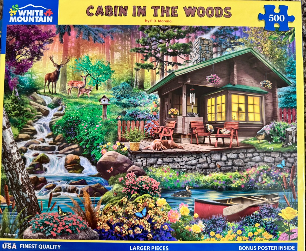 A cozy log cabin nestled in a lush, vibrant forest with a deer family, a flowing stream, and a dog resting on a porch.
