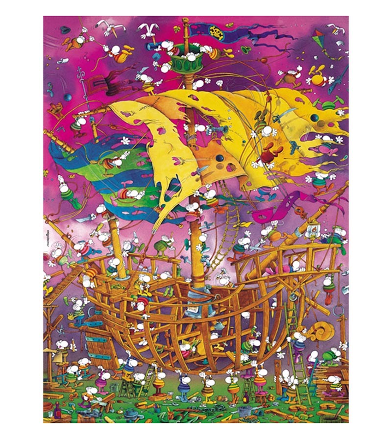 A chaotic, vibrant cartoon illustration showing small, bulbous-nosed characters building a large wooden pirate ship.