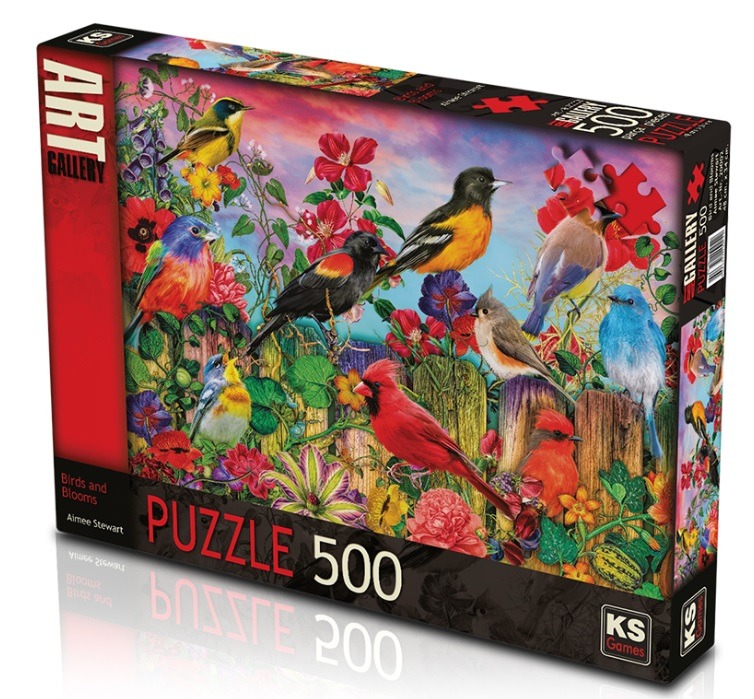 An illustration featuring a variety of colorful songbirds perched among vibrant flowers and a wooden garden fence.
