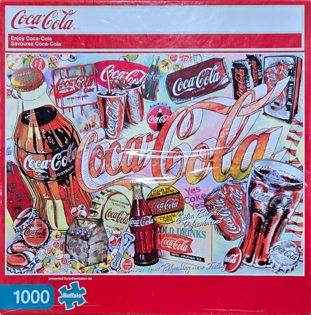 A colorful collage of Coca-Cola vintage advertising, glass bottles, cans, and typography.