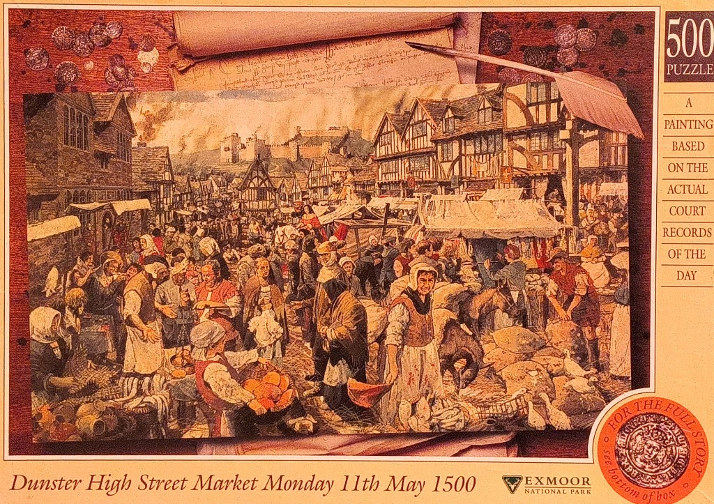 A detailed historical painting of a bustling 16th-century market street in Dunster with a castle in the distance.